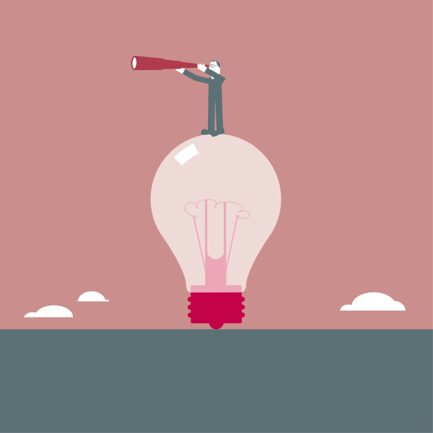 一个人站在灯泡上，用望远镜观察。图片下载