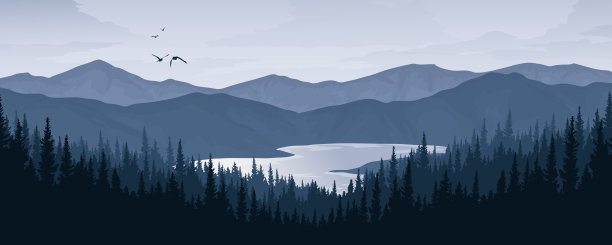 美丽的矢量插图的山，松树林和河流和湖泊。早上或晚上。图片下载