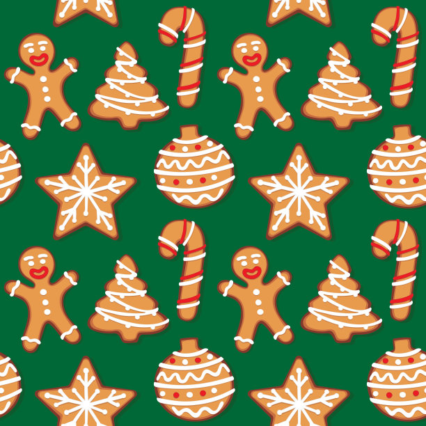 无缝姜饼圣诞饼干图案，绿色背景图片下载