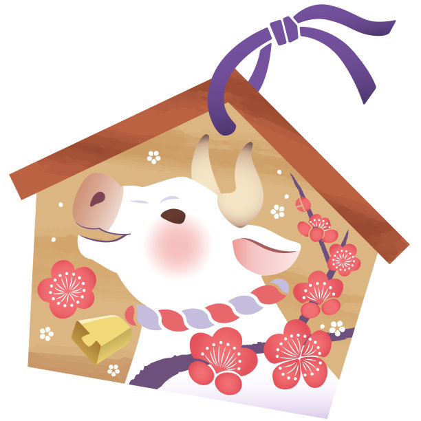 一个可爱的祈愿板，白色的奶牛的侧面笑和梅花。图片下载