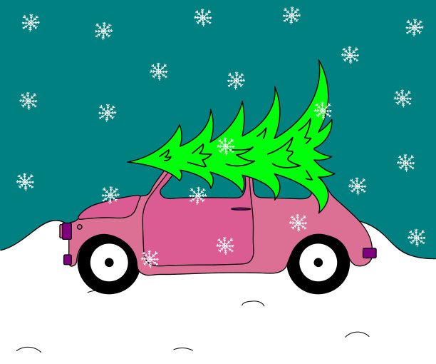 一辆粉红色的小汽车来到森林里过圣诞节图片下载