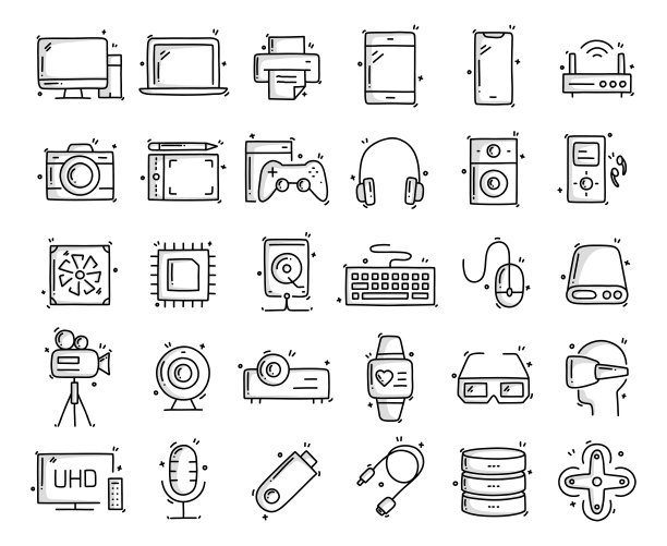 计算机和设备相关的对象和元素。手绘矢量涂鸦插图集。手绘图标集。图片下载