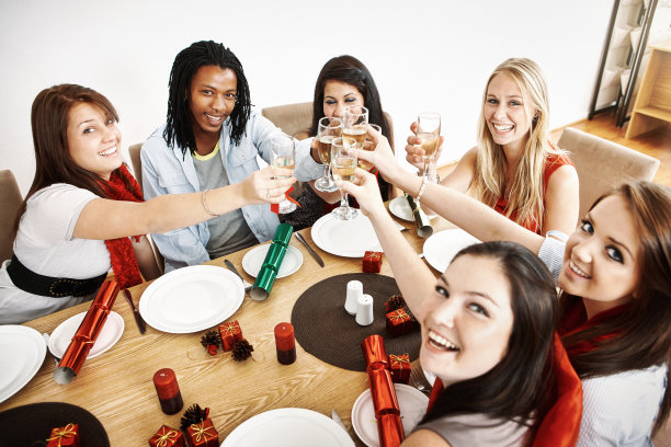 快乐的朋友欢聚圣诞，举杯共庆佳节图片下载