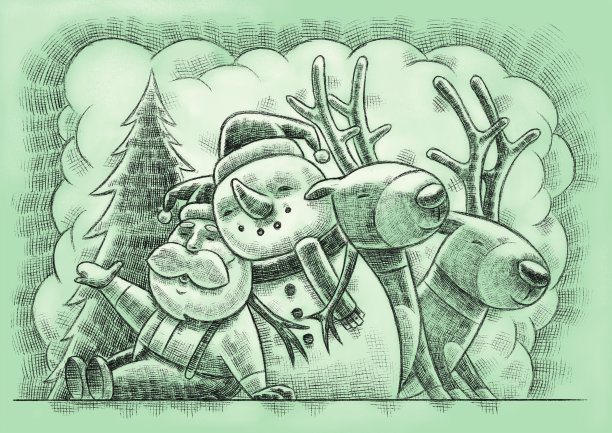 圣诞老人和雪人、驯鹿聚集在一起图片下载