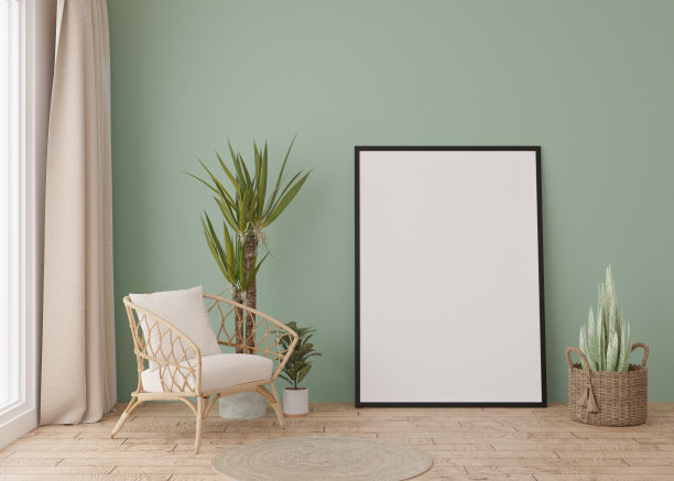 现代客厅的镶木地板上竖立着空的垂直相框。模拟室内极简主义，斯堪的纳维亚风格。图片的自由空间。植物,藤篮。3 d渲染。图片下载