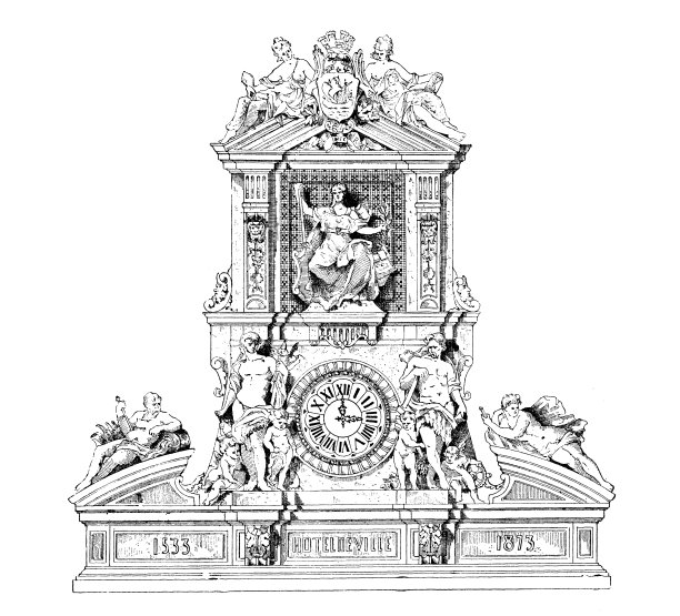 古董插图:时钟，巴黎，de Ville酒店图片下载