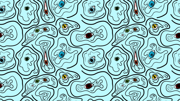 抽象超现实无缝手绘插图-眼睛和线条。图片下载