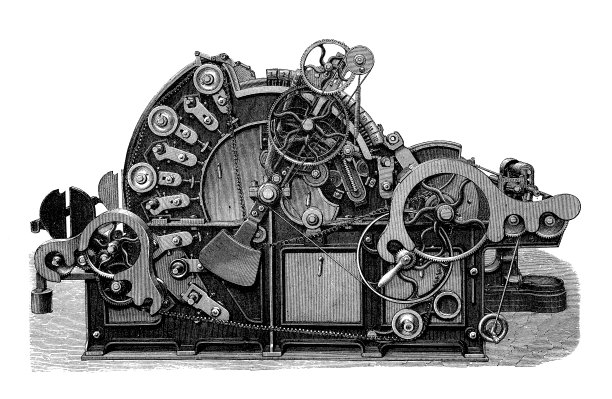 古董插图，应用机械和机器，纺织工业:软化，清洁和准备棉花的机器图片下载