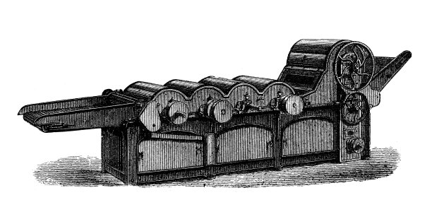 古董插图，应用机械和机器，纺织工业:软化，清洁和准备棉花的机器图片下载
