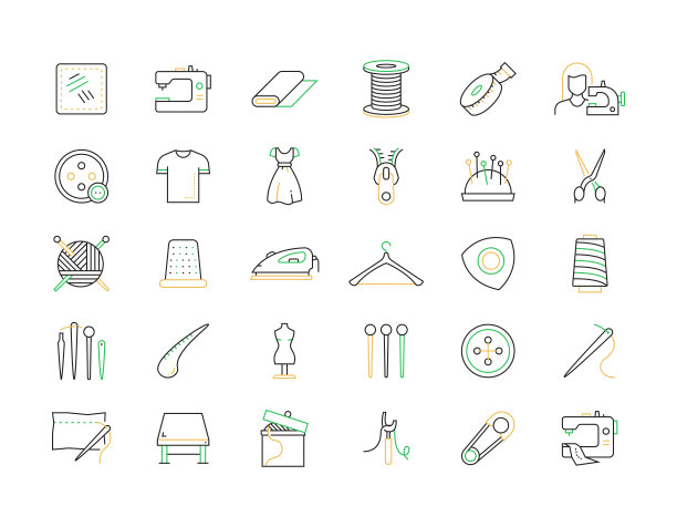 缝纫相关矢量线图标。大纲符号集合图片下载