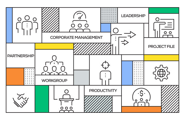 企业管理理念。几何复古风格旗帜和海报概念与企业管理线图标图片下载