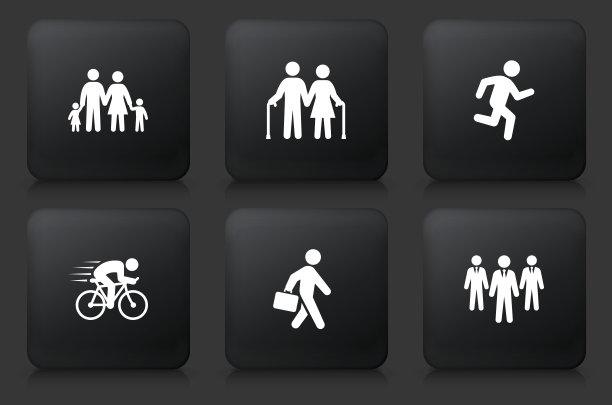 人们和现代生活图标设置在黑色的方形按钮图片下载