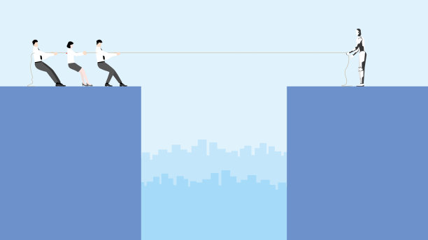 商业竞争以网络技术为理念，机器人与人类员工团队作战拔河绳。未来的争议，对抗，和竞争的职业生涯在工作中竞争。图片下载