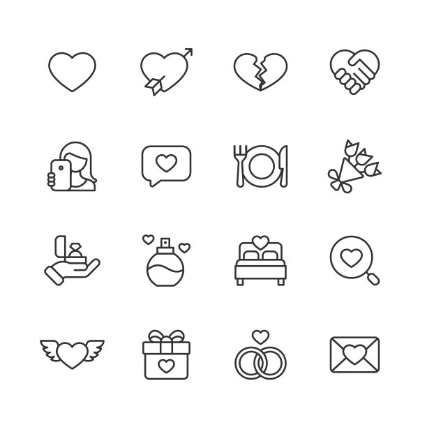 情人节和爱情图标。可编辑的中风。像素完美。移动和网络。包含诸如心，爱，礼物，破碎的心，庆祝，浪漫，浪漫晚餐，约会，自拍，化妆，香水，社交媒体，鲜花，照片，蛋糕等图标。图片下载