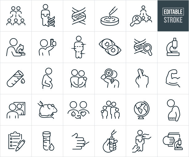 家族遗传学和遗传研究细线图标-可编辑的笔画图片下载