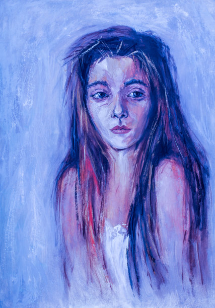 插图肖像的一个女孩与长黑发和黑眼睛在一个白色的顶部在浅蓝色的背景图片下载