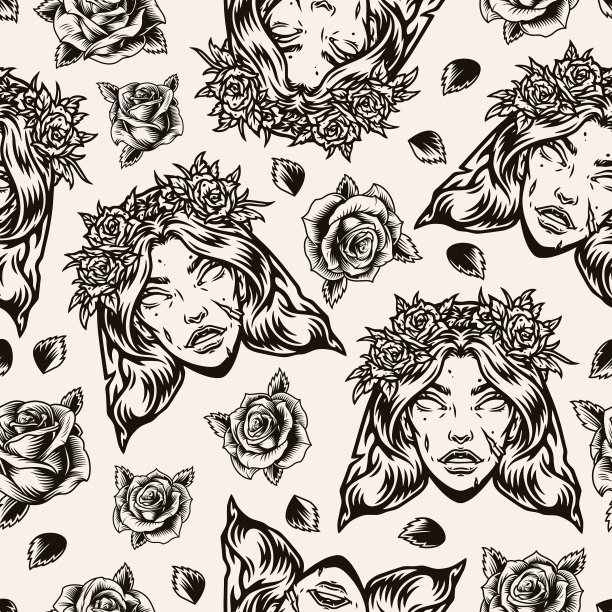 万圣节单色复古无缝图案图片下载