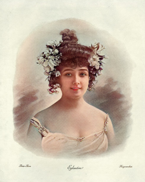 维多利亚时代的照片，美丽的年轻女子与甜美的蔷薇(蔷薇)在她的头发，1890年代，19世纪图片下载