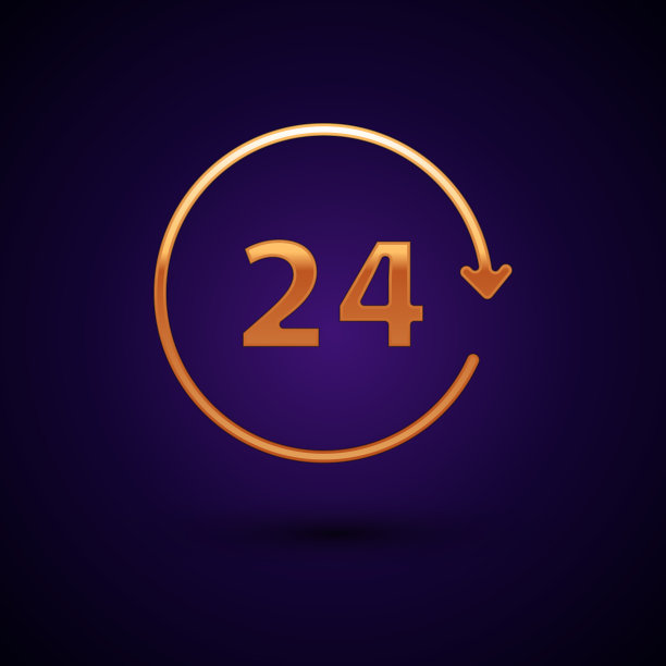 黄金时钟24小时图标孤立在深蓝色上图片下载