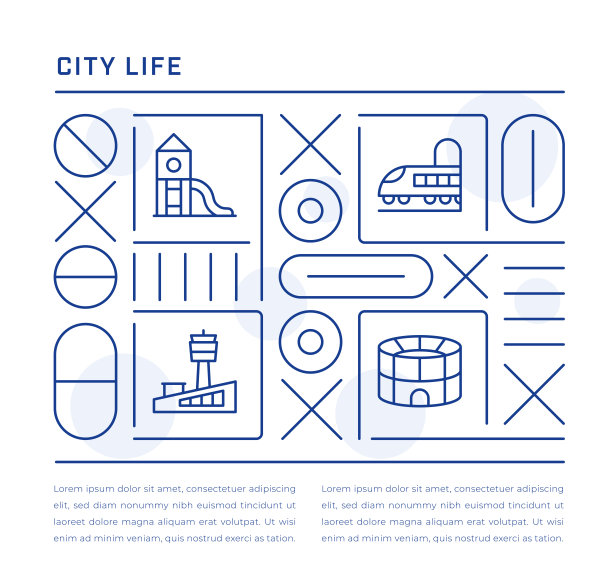 城市生活网页横幅设计与操场，地铁，机场，体育场线图标图片下载