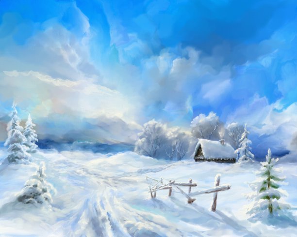 冬季田园风光，油画图片下载