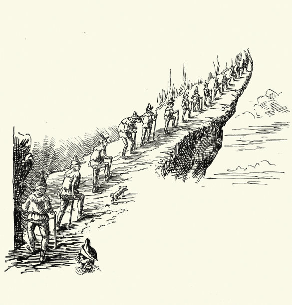 一排男人沿着陡峭狭窄的山路往上走图片下载