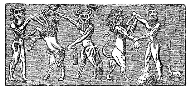 吉尔伽美什和恩基杜猎杀鹿和狮子 - 苏美尔圆筒印章图片下载