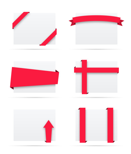 一套红色丝带上的空白白色标签-设计元素图片下载