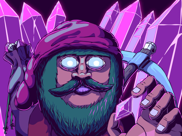 手绘的卡通插图-侏儒在洞穴与宝石或水晶。图片下载