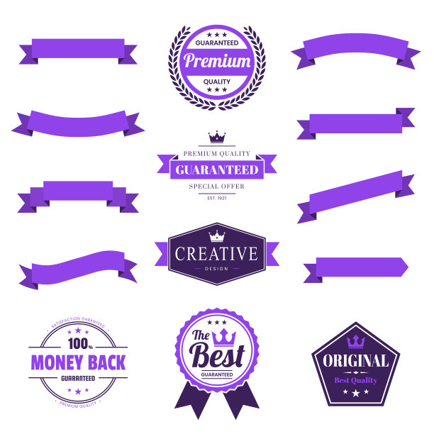 一套紫色丝带，旗帜，徽章，标签-设计元素在白色的背景图片下载