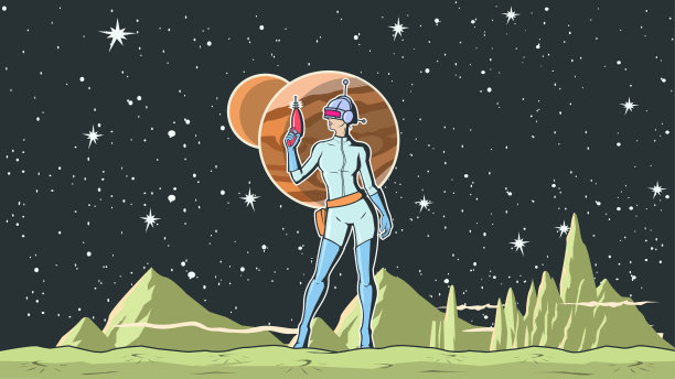 矢量复古波普艺术女性宇航员在太空股票插图图片下载