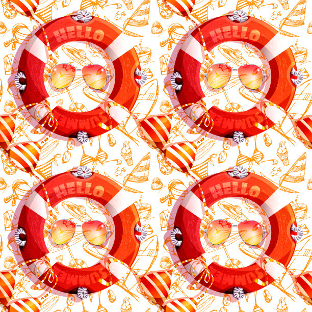 无缝背景的海上旅行和海滩度假的卡通风格。救生圈与太阳镜和徒手画在一个孤立的白色背景。图片下载