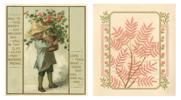 双面维多利亚式贺卡，小男孩拿着一盆天竺葵，1882年图片下载