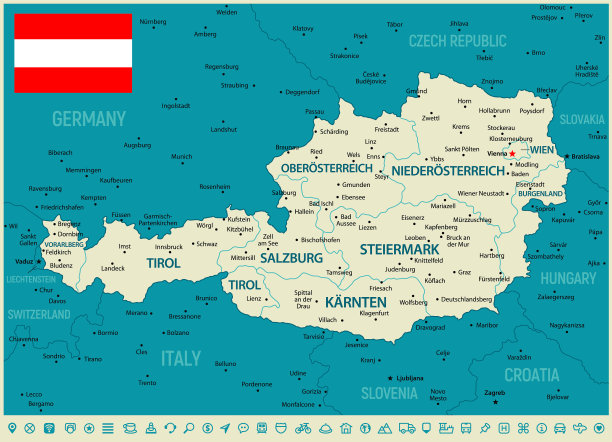 奥地利高细节地图。矢量插图蓝色地图导航图标和国旗图片下载