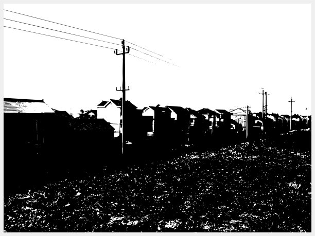 黑白木刻风格的乡村景色，房子在田野里图片下载