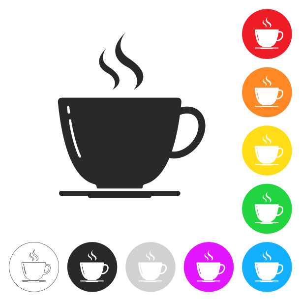 咖啡杯。按钮上不同颜色的平面图标图片下载