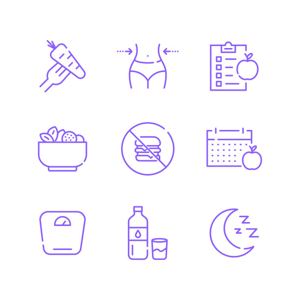 一套节食和健康的生活方式相关的线图标。轮廓符号集合，可编辑的描边图片下载