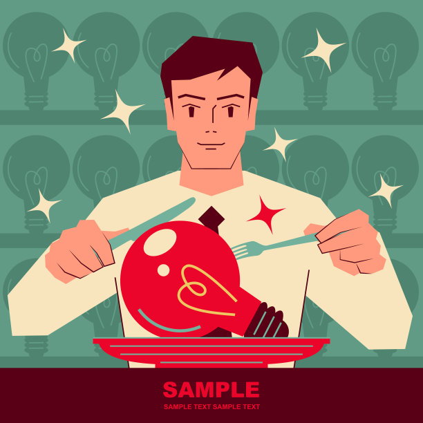 面带微笑的帅点子男人用桌上的刀叉吃了一个大灯泡图片下载