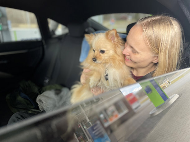 一个微笑的年轻女人和她的狗坐在车里的照片图片下载