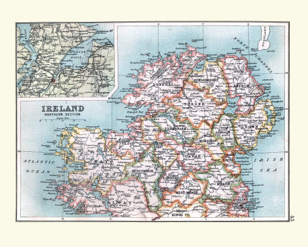 北爱尔兰的古董地图，19世纪伦敦德里的细节图片下载