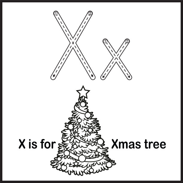 抽认卡字母X是圣诞树矢量插图图片下载