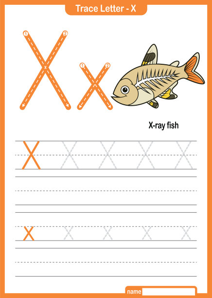 字母跟踪字母A到Z学龄前工作表与字母X X射线鱼亲矢量图片下载