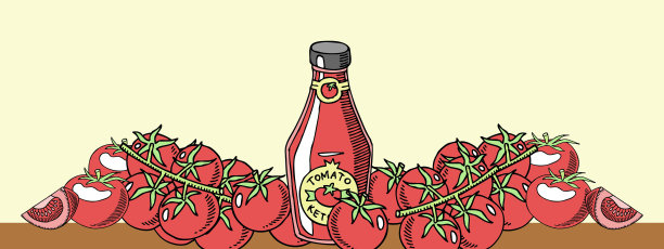 番茄酱做成的有机蔬菜背景横幅矢量插图。健康食品。一瓶鲜酱。自然产品。元素菜单，酒吧广告。图片下载