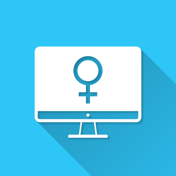 带有女性符号的台式电脑。图标在蓝色背景-平面设计与长阴影图片下载