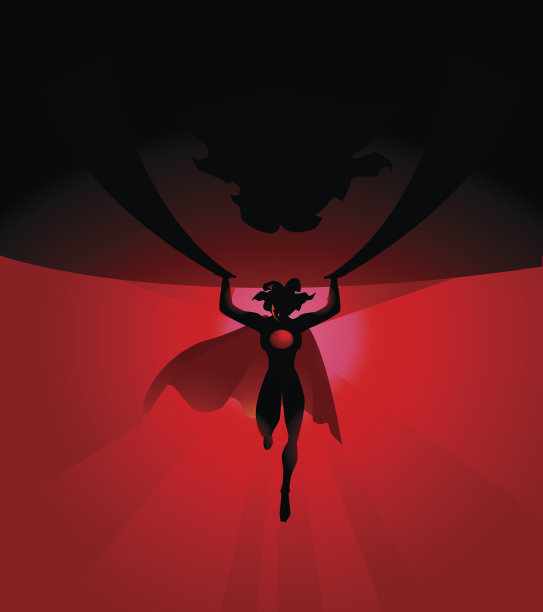 向量女超级英雄举起一个大地球仪，同时飞行剪影图片下载