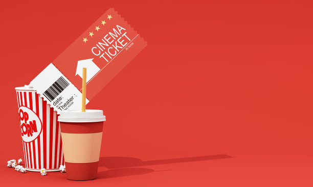 电影时间3d渲染插图。彩色背景的电影海报概念。构图与爆米花，隔板，3d眼镜和电影带。电影院电影院横幅设计。图片下载
