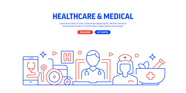 医疗保健，健康和医疗相关的网页横幅线条风格。现代线性设计矢量插图的网站横幅，网站标题等。图片下载