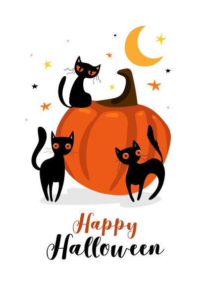 有南瓜和黑猫的万圣节卡片图片下载