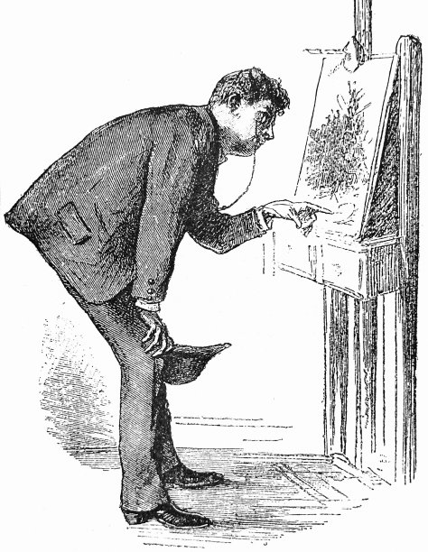 艺术评论家站在画架前，指着新画的某个区域图片下载