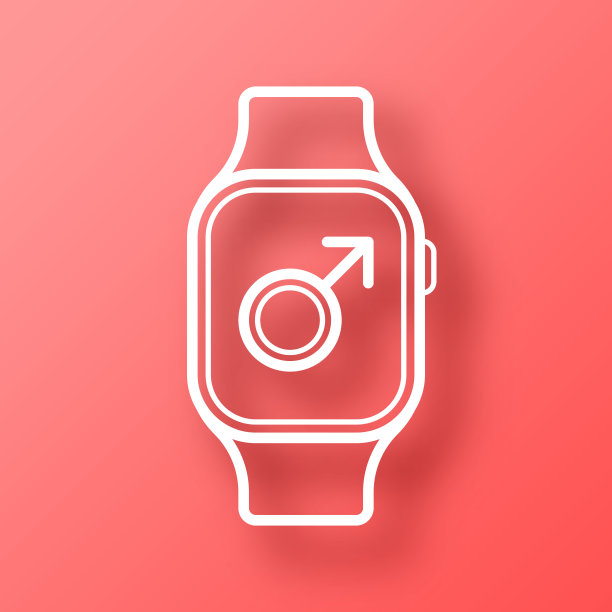 带有男性标志的智能手表。图标在红色背景与阴影图片下载